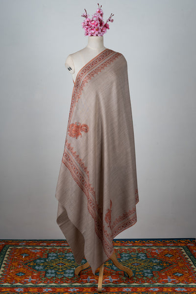 Sandstone Bloom Merino Wool Shawl with Sozni Hand Embroidered Borders