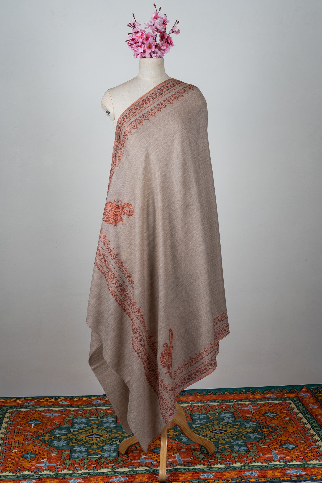 Sandstone Bloom Merino Wool Shawl with Sozni Hand Embroidered Borders