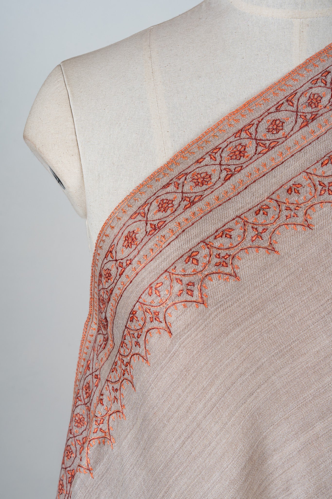 Sandstone Bloom Merino Wool Shawl with Sozni Hand Embroidered Borders