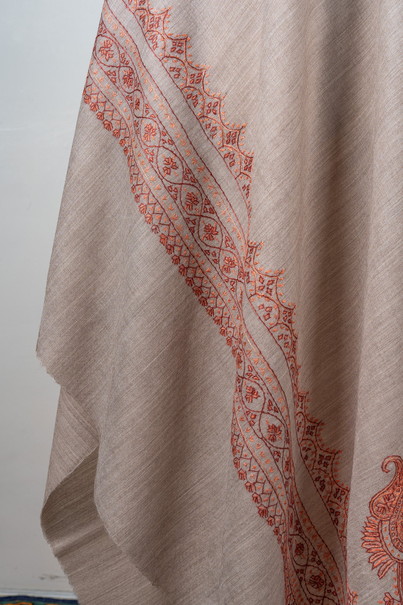 Sandstone Bloom Merino Wool Shawl with Sozni Hand Embroidered Borders
