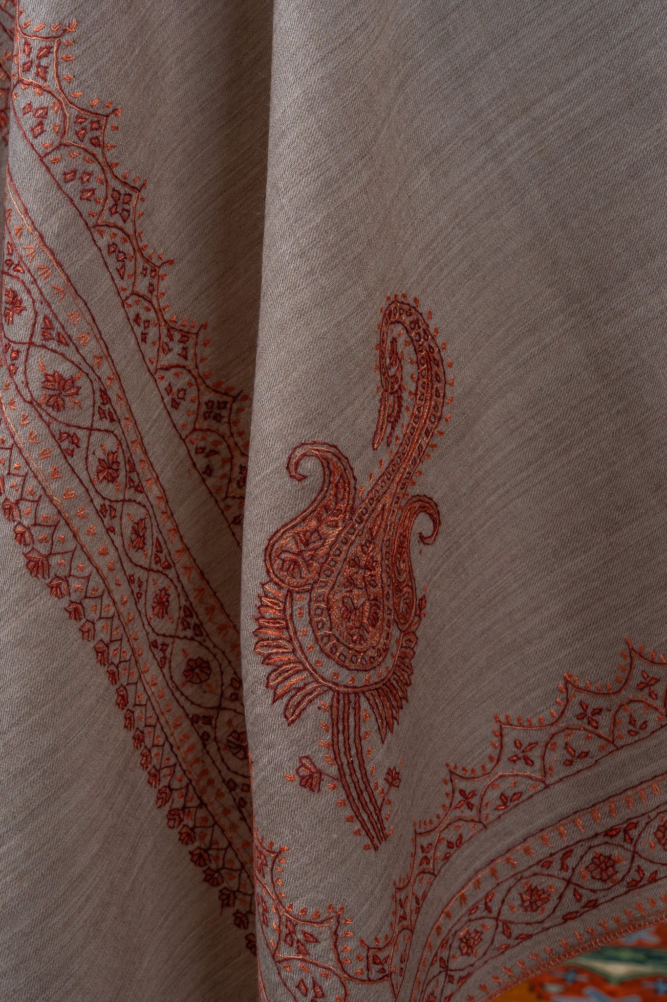 Sandstone Bloom Merino Wool Shawl with Sozni Hand Embroidered Borders