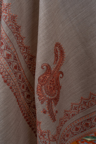 Sandstone Bloom Merino Wool Shawl with Sozni Hand Embroidered Borders