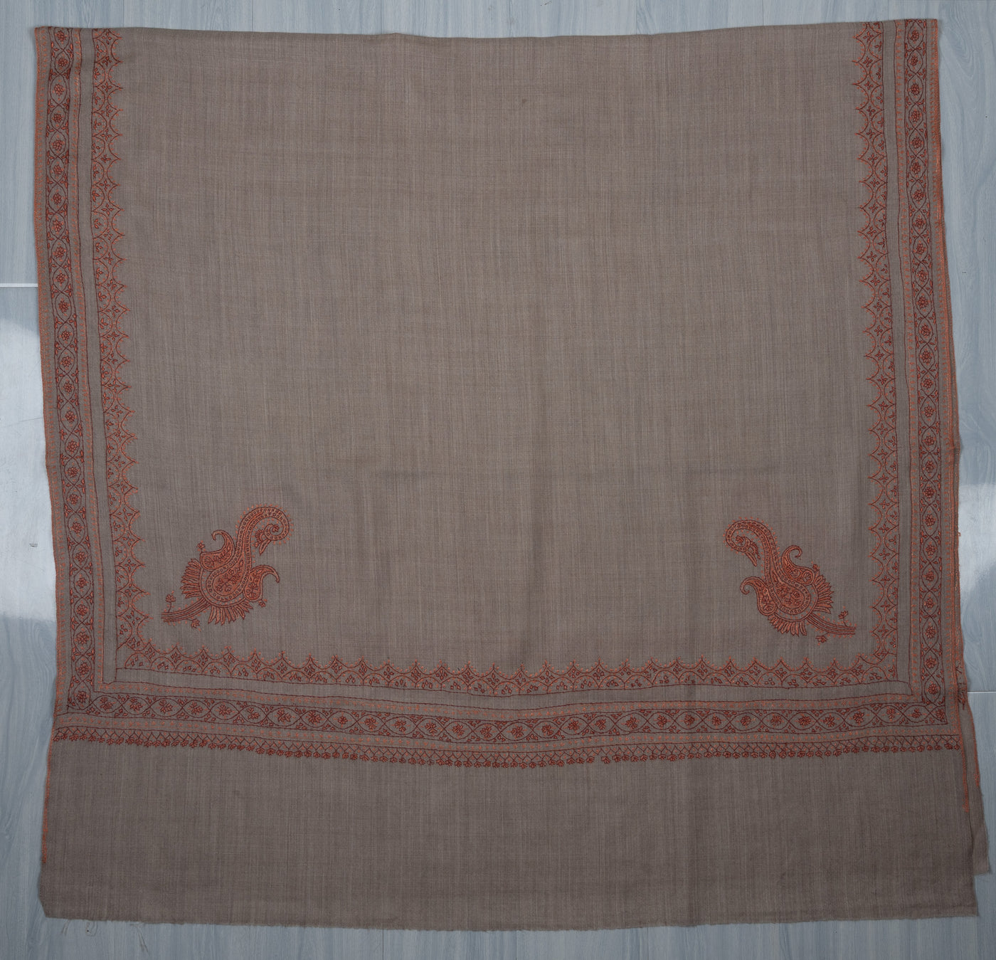 Sandstone Bloom Merino Wool Shawl with Sozni Hand Embroidered Borders