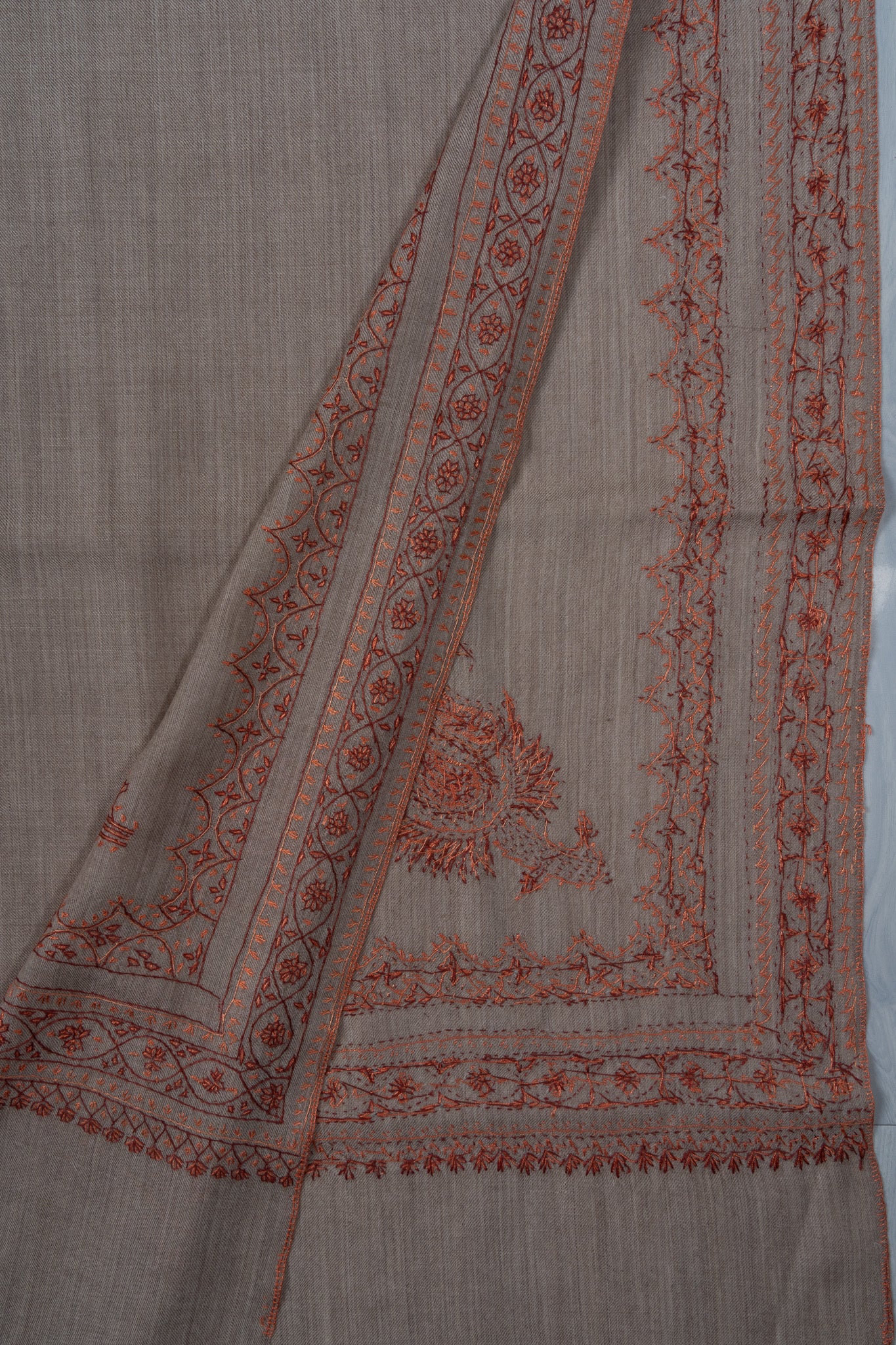 Sandstone Bloom Merino Wool Shawl with Sozni Hand Embroidered Borders