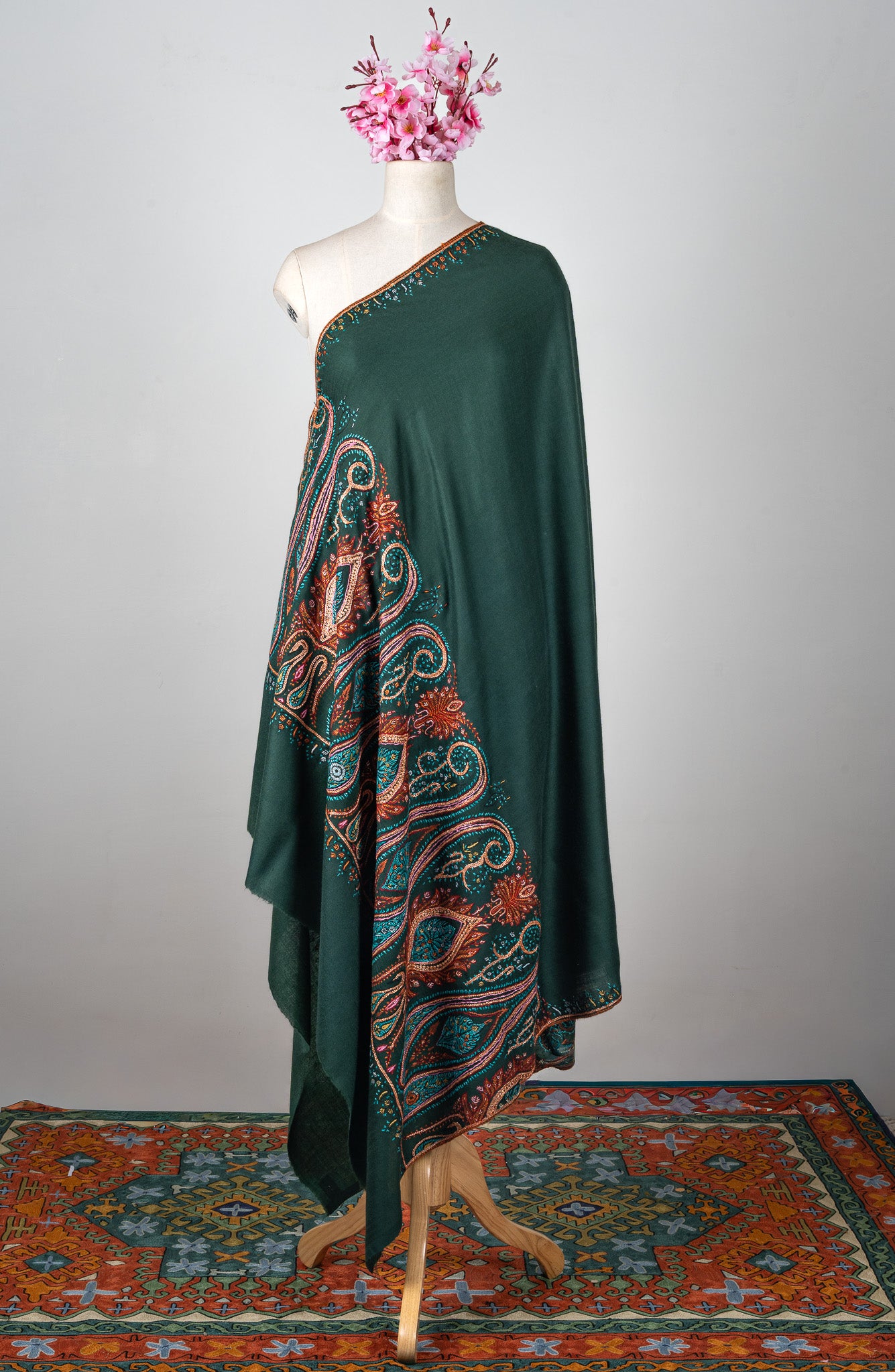 Emerald Majesty Sozni Hand Embroidered Merino Wool Shawl