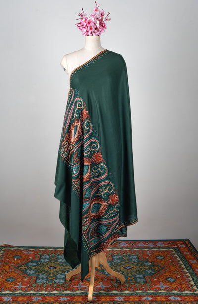 Emerald Majesty Sozni Hand Embroidered Merino Wool Shawl