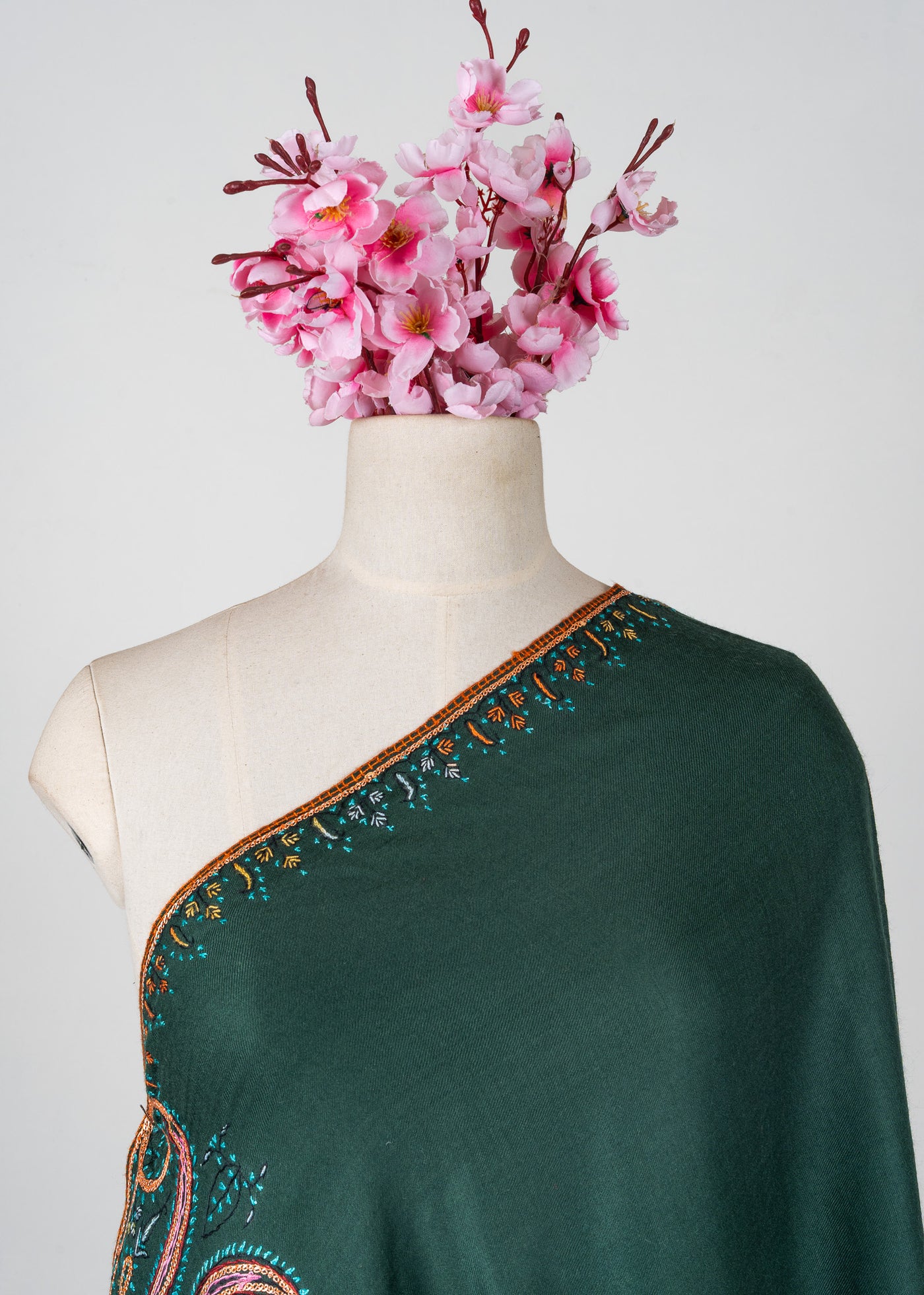 Emerald Majesty Sozni Hand Embroidered Merino Wool Shawl