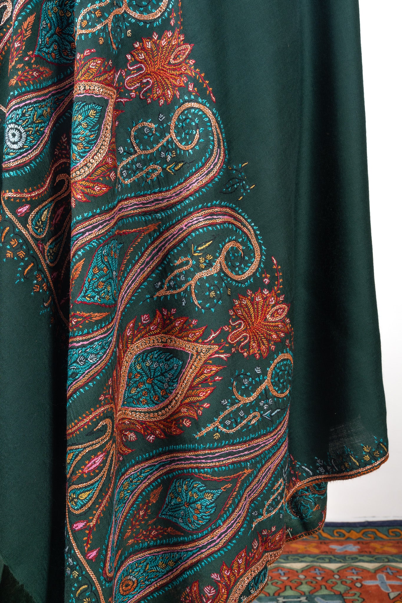 Emerald Majesty Sozni Hand Embroidered Merino Wool Shawl