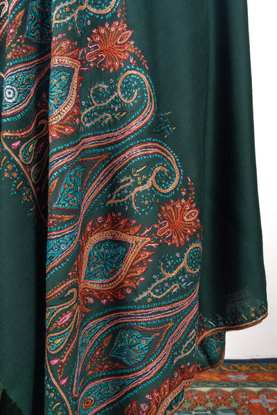 Emerald Majesty Sozni Hand Embroidered Merino Wool Shawl