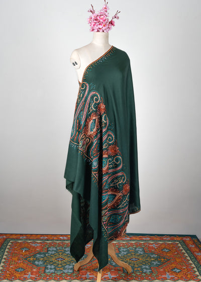 Emerald Majesty Sozni Hand Embroidered Merino Wool Shawl