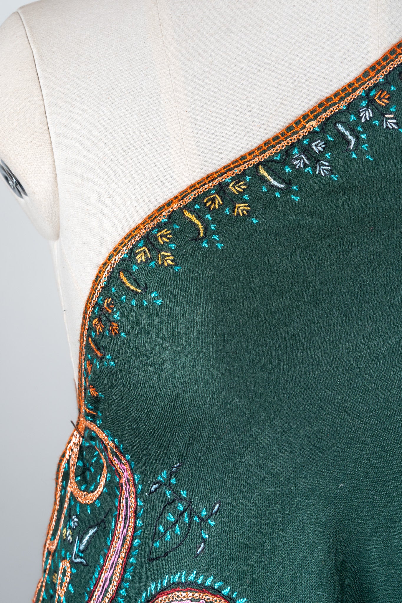 Emerald Majesty Sozni Hand Embroidered Merino Wool Shawl