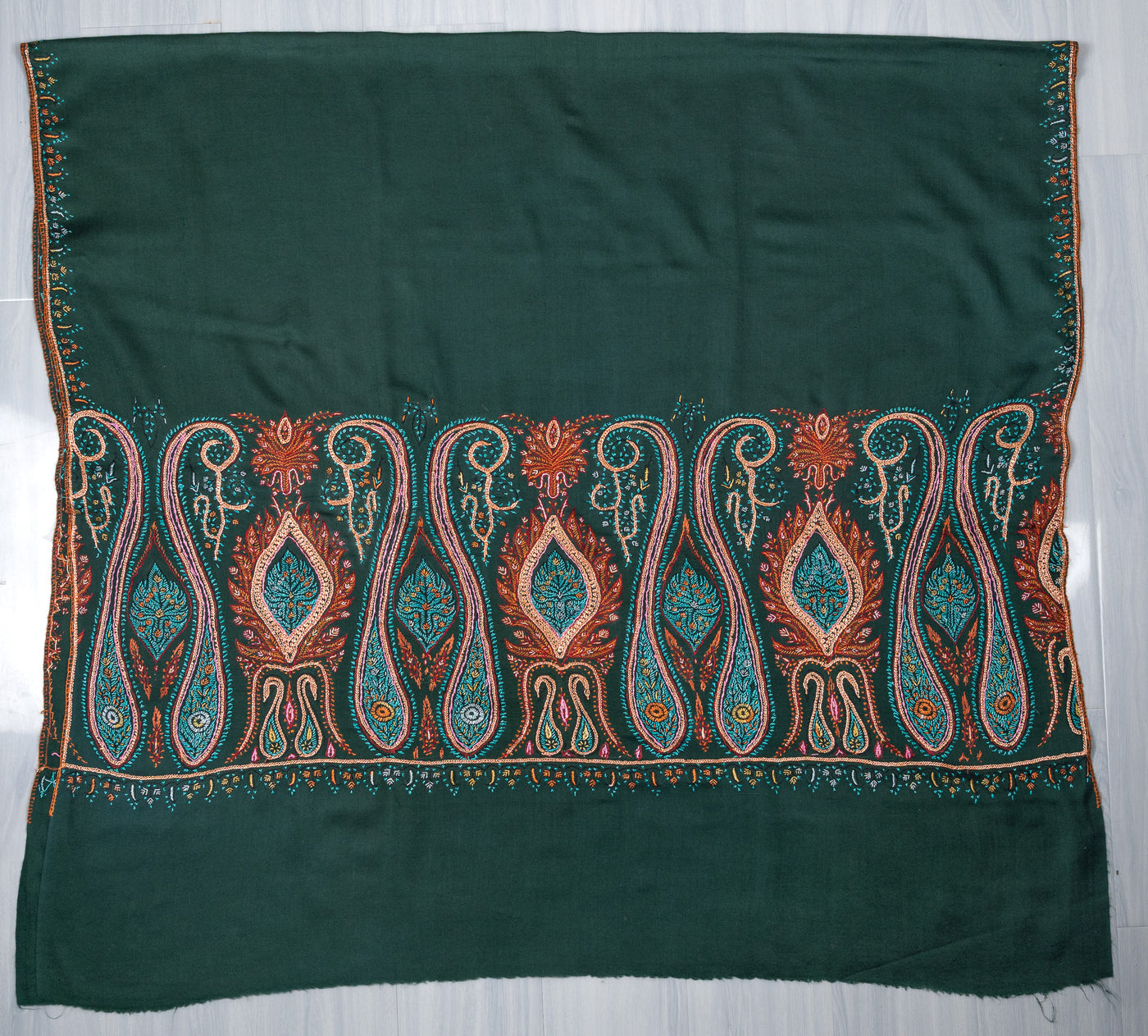 Emerald Majesty Sozni Hand Embroidered Merino Wool Shawl