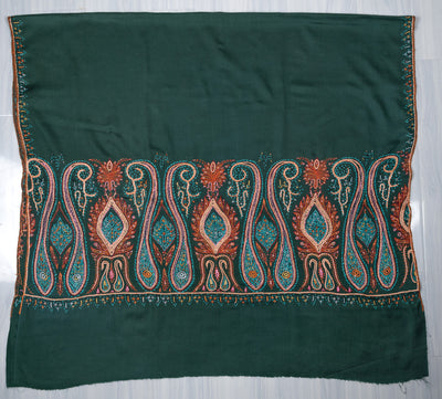 Emerald Majesty Sozni Hand Embroidered Merino Wool Shawl