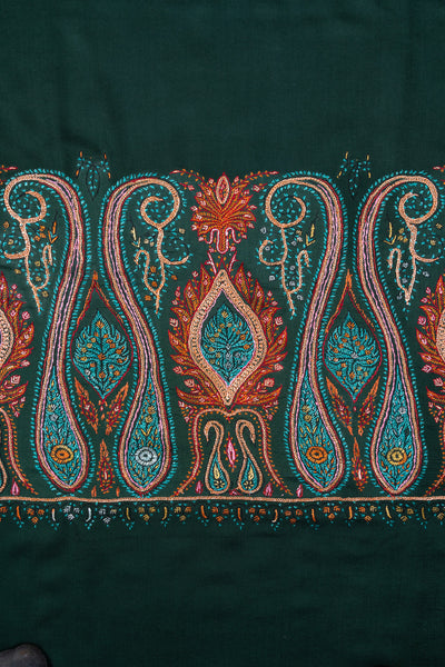 Emerald Majesty Sozni Hand Embroidered Merino Wool Shawl