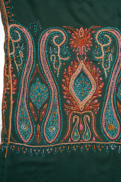 Emerald Majesty Sozni Hand Embroidered Merino Wool Shawl