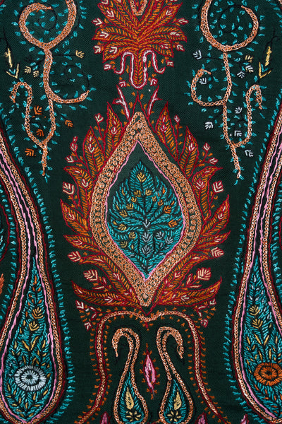 Emerald Majesty Sozni Hand Embroidered Merino Wool Shawl