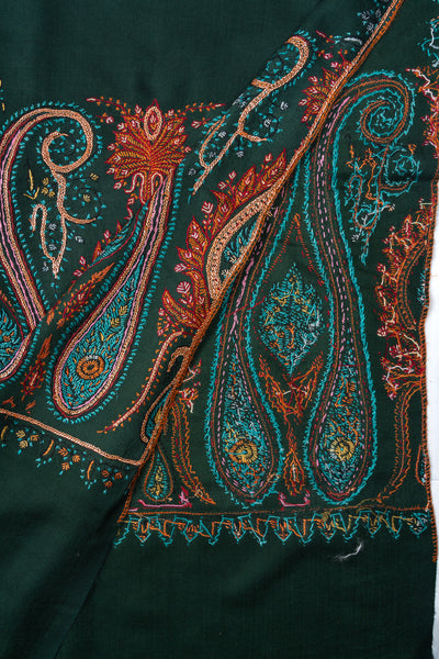 Emerald Majesty Sozni Hand Embroidered Merino Wool Shawl