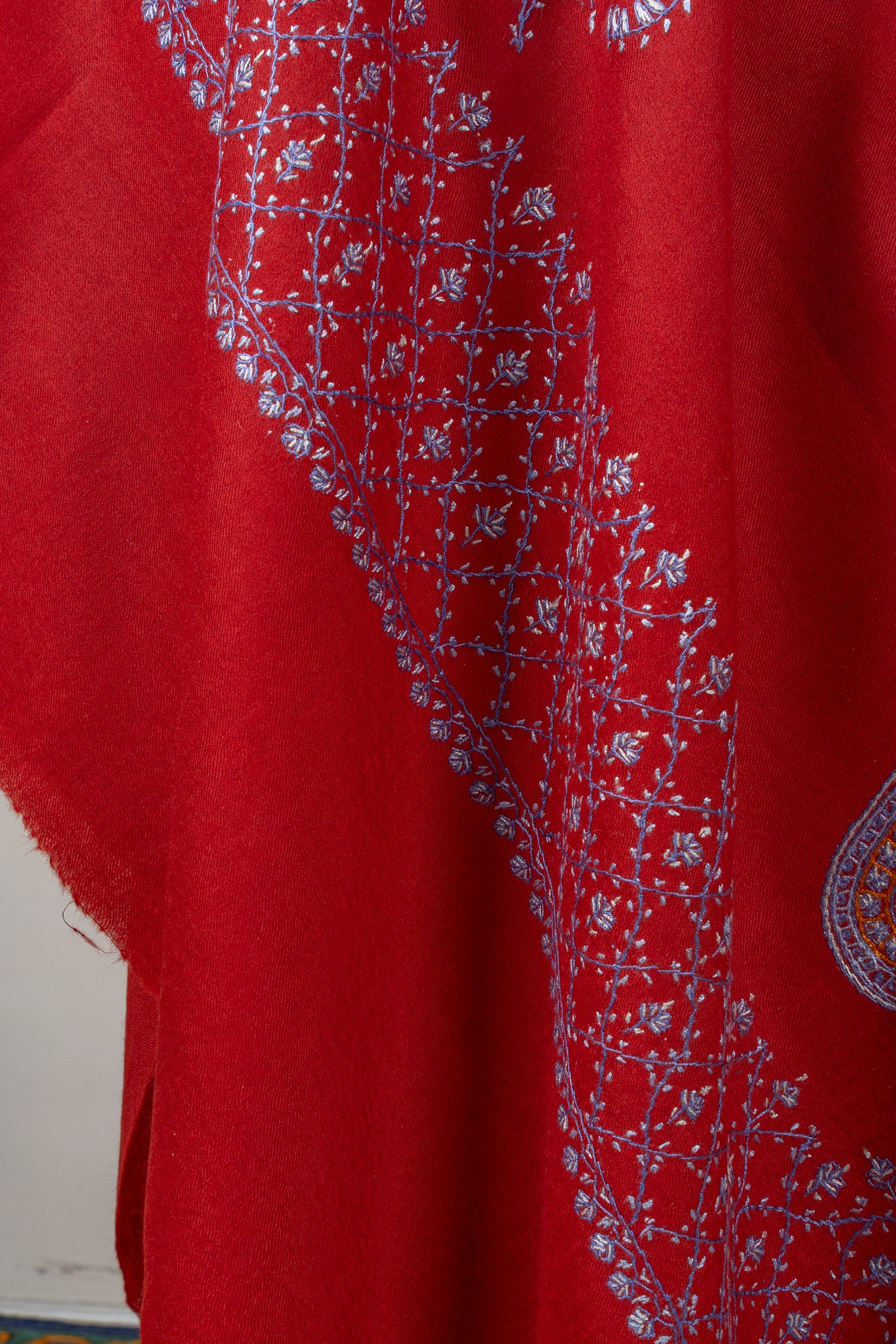 Ruby Cascade Sozni Hand Embroidered Merino Wool Shawl