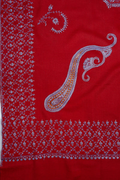 Ruby Cascade Sozni Hand Embroidered Merino Wool Shawl