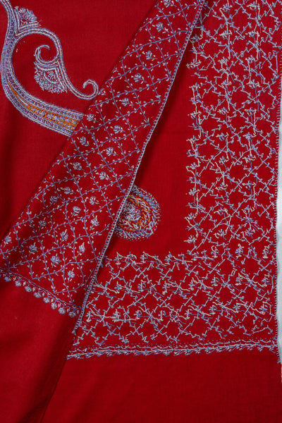 Ruby Cascade Sozni Hand Embroidered Merino Wool Shawl