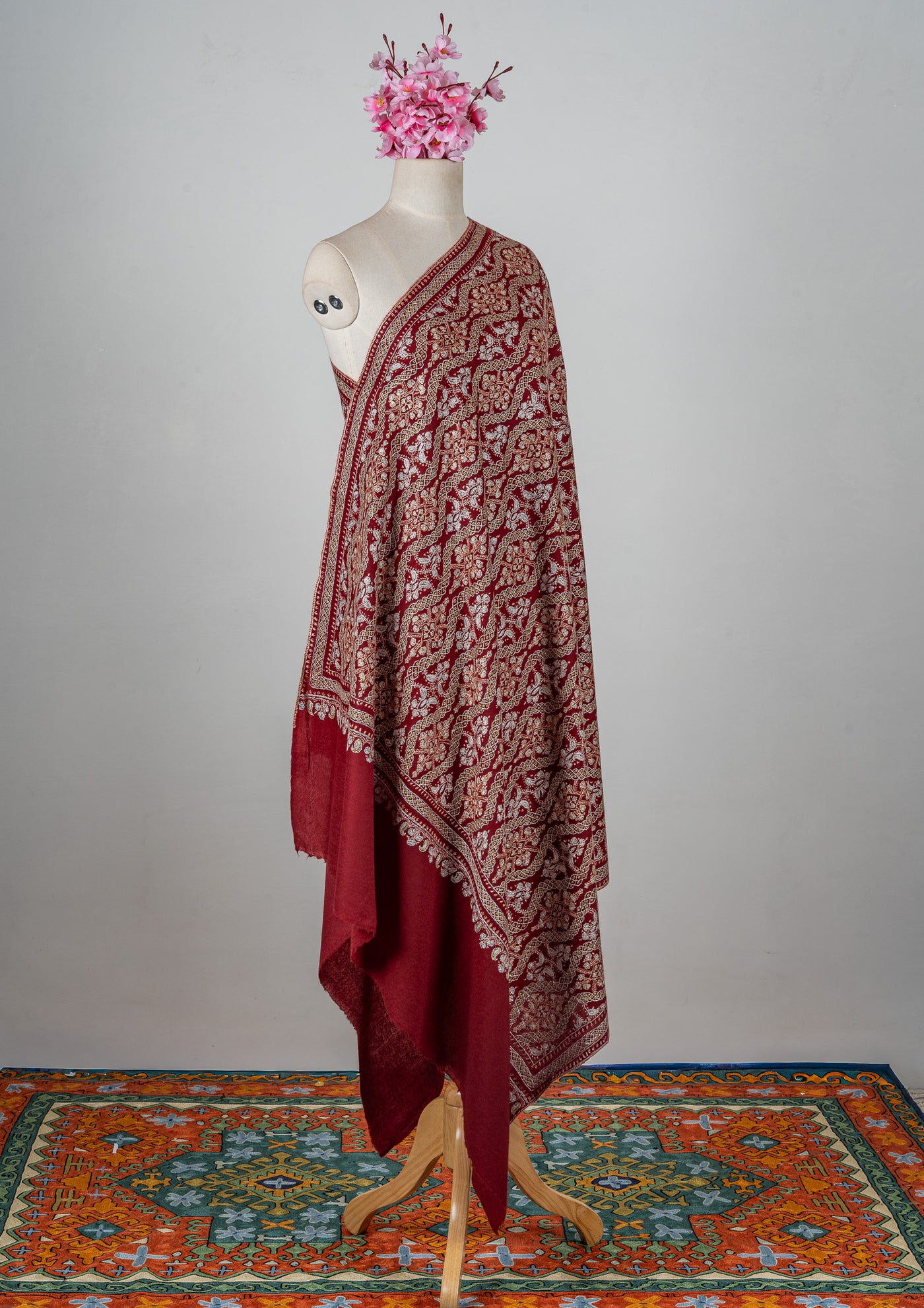 Maroon Royale Merino Wool Shawl with Sozni Hand Embroidered Panel