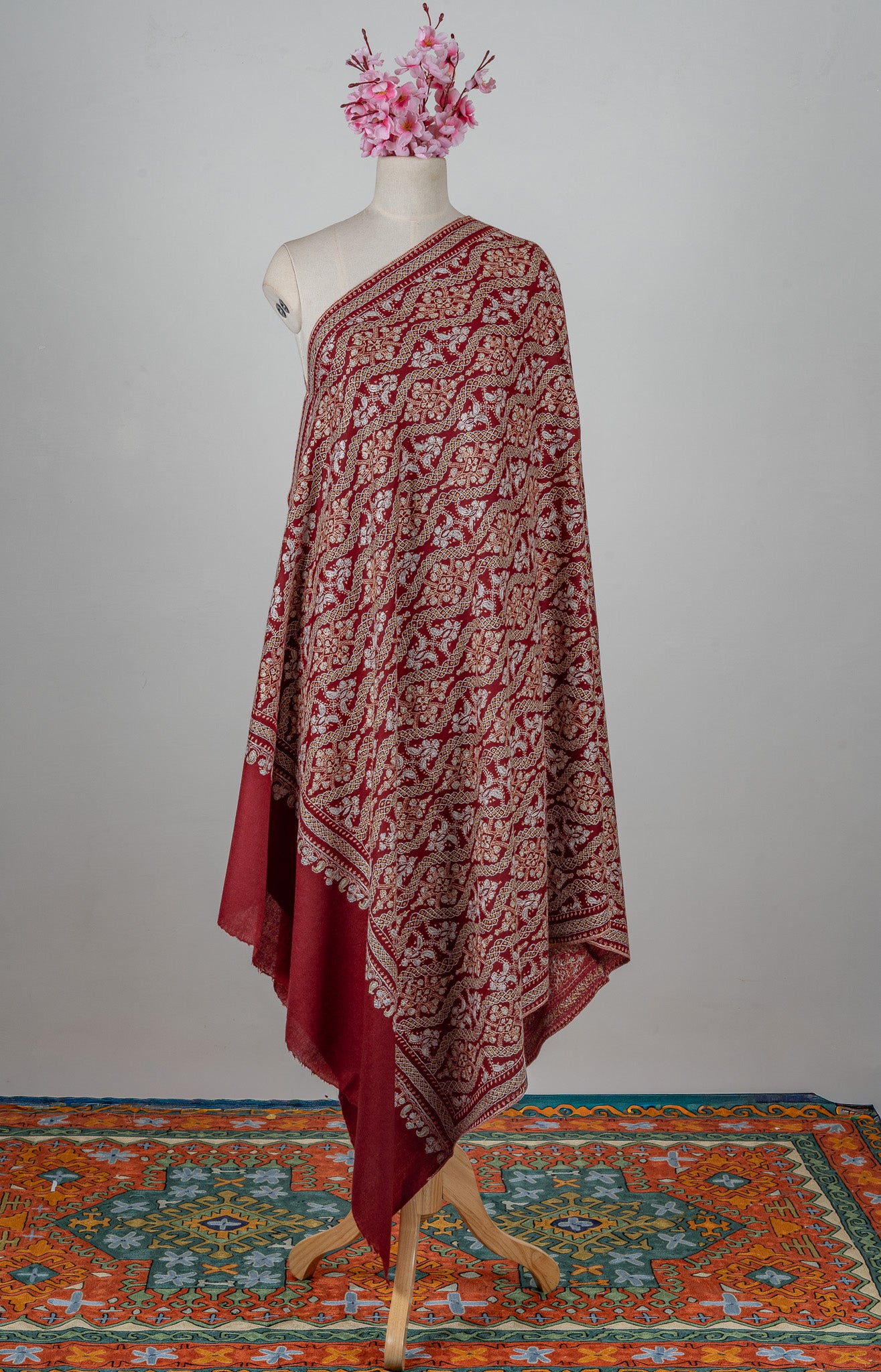 Maroon Royale Merino Wool Shawl with Sozni Hand Embroidered Panel