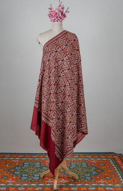 Maroon Royale Merino Wool Shawl with Sozni Hand Embroidered Panel