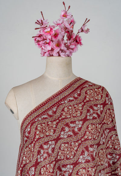 Maroon Royale Merino Wool Shawl with Sozni Hand Embroidered Panel