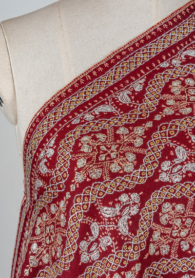 Maroon Royale Merino Wool Shawl with Sozni Hand Embroidered Panel