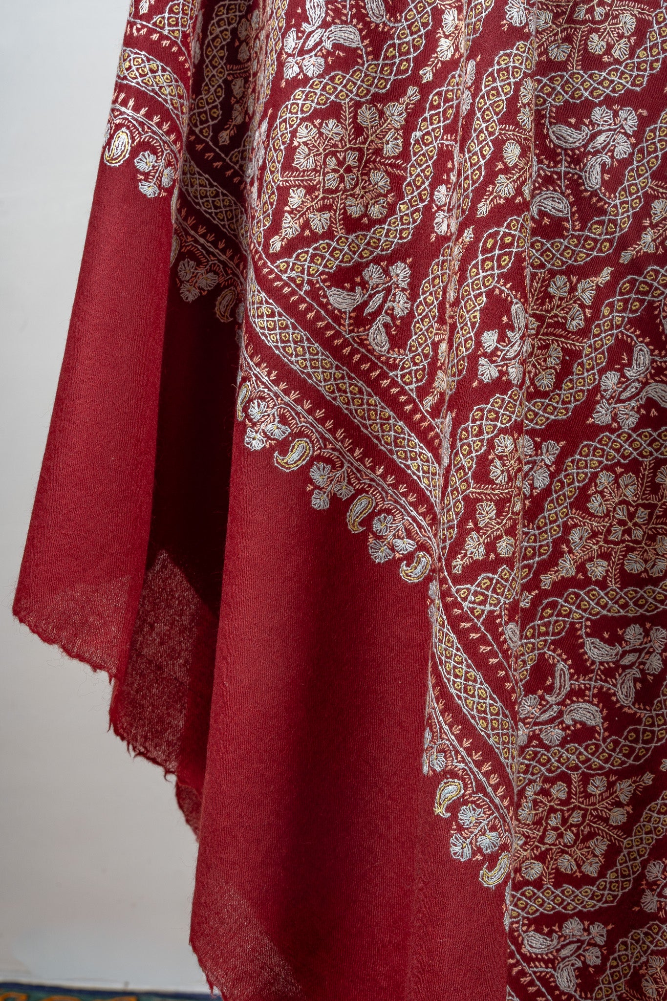 Maroon Royale Merino Wool Shawl with Sozni Hand Embroidered Panel