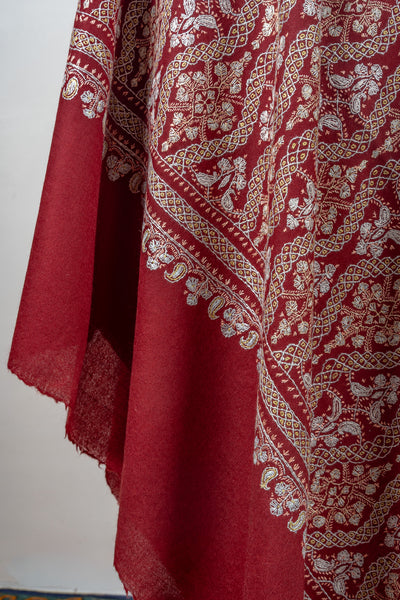 Maroon Royale Merino Wool Shawl with Sozni Hand Embroidered Panel