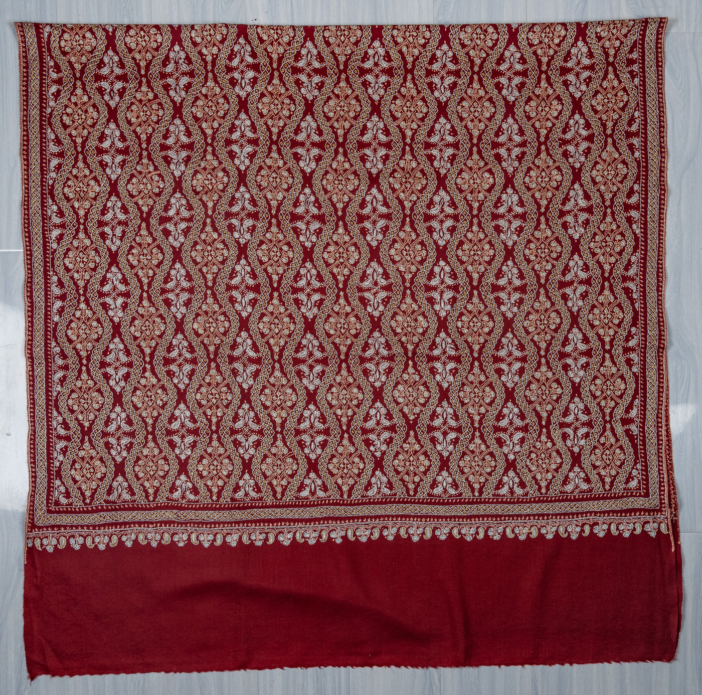 Maroon Royale Merino Wool Shawl with Sozni Hand Embroidered Panel