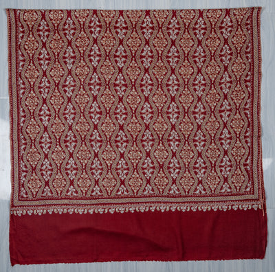Maroon Royale Merino Wool Shawl with Sozni Hand Embroidered Panel