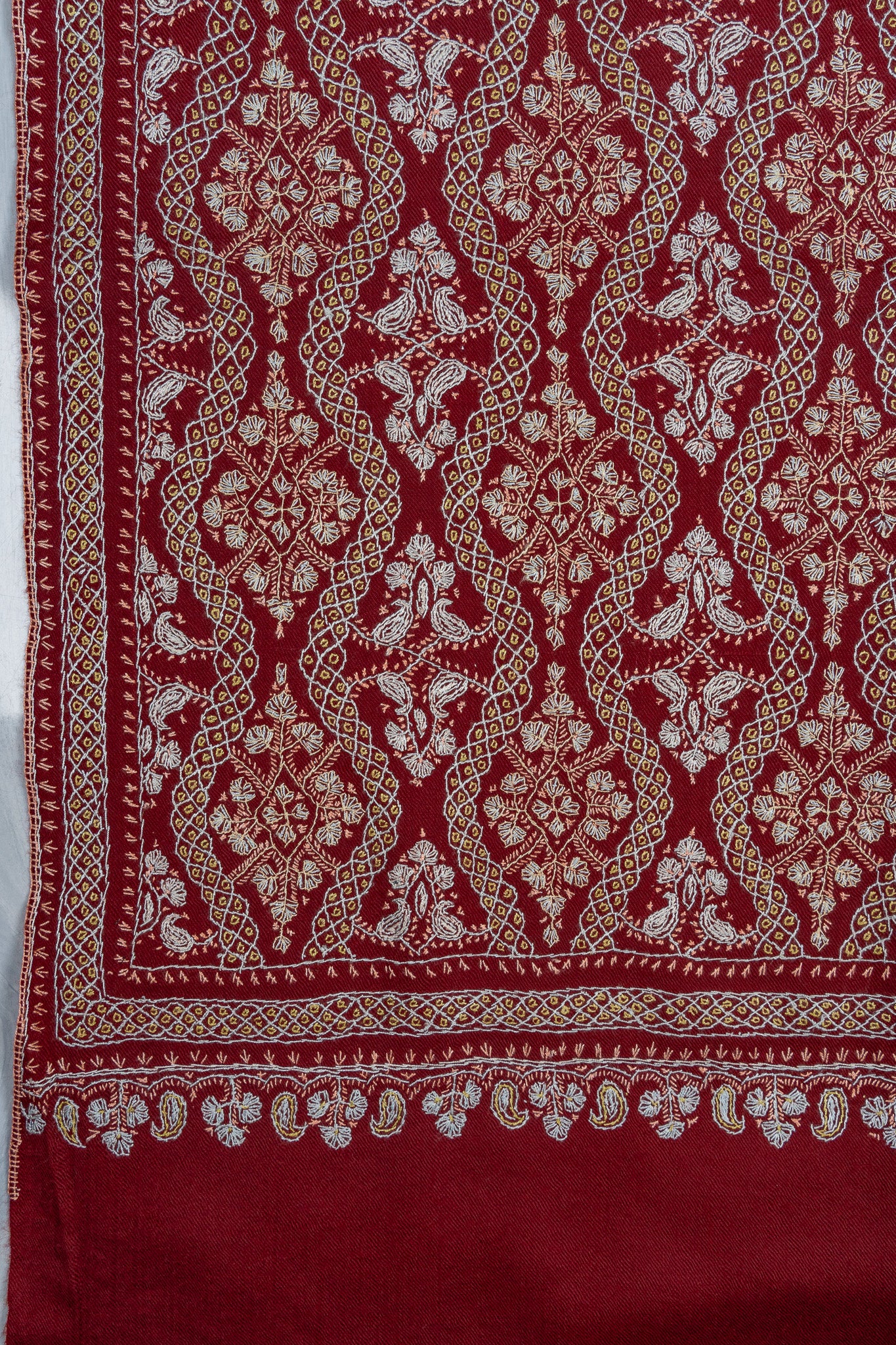 Maroon Royale Merino Wool Shawl with Sozni Hand Embroidered Panel