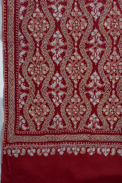 Maroon Royale Merino Wool Shawl with Sozni Hand Embroidered Panel