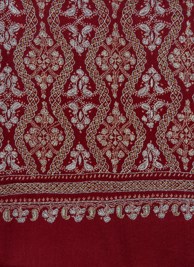 Maroon Royale Merino Wool Shawl with Sozni Hand Embroidered Panel