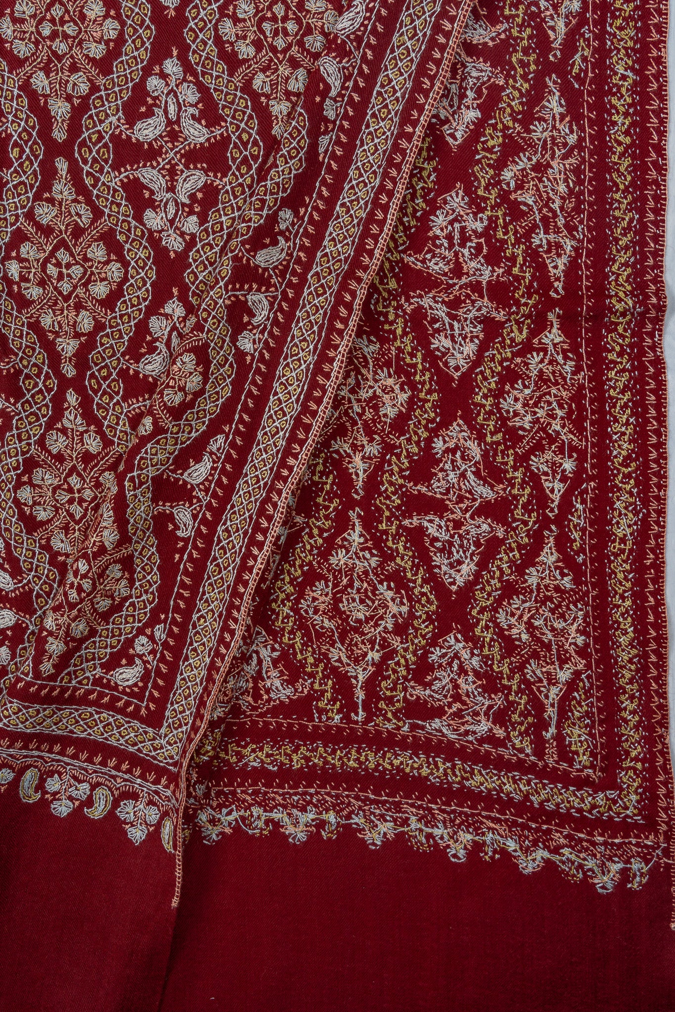 Maroon Royale Merino Wool Shawl with Sozni Hand Embroidered Panel