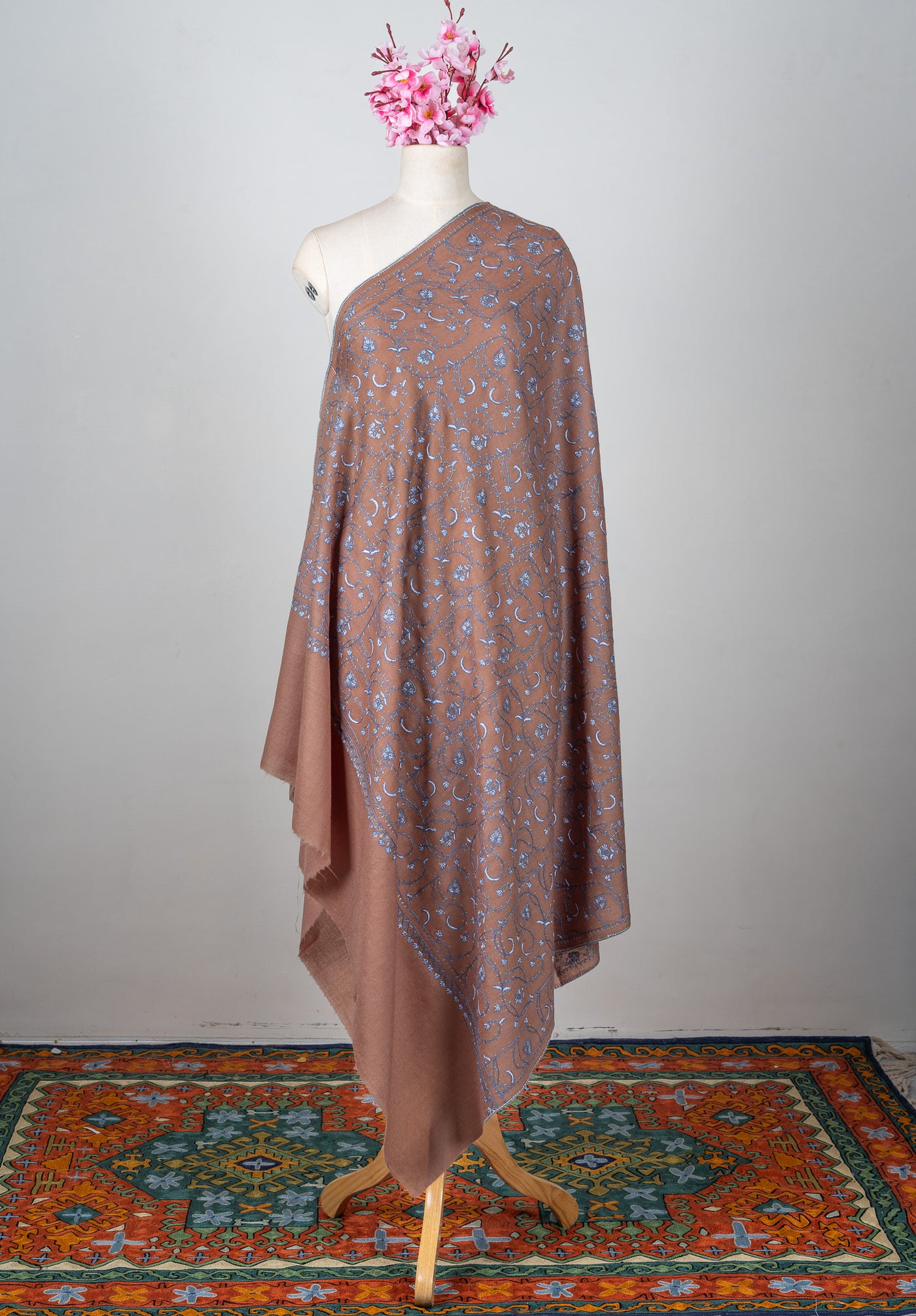 Misty Mocha Bloom Sozni Hand Embroidered Merino Wool Shawl