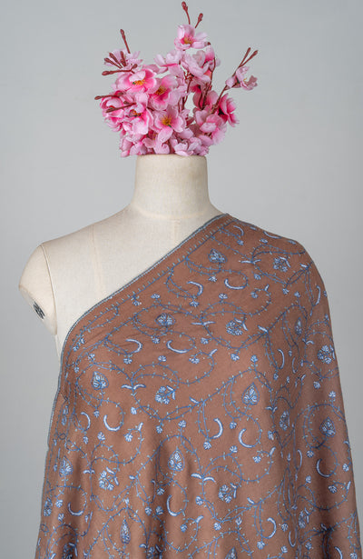 Misty Mocha Bloom Sozni Hand Embroidered Merino Wool Shawl