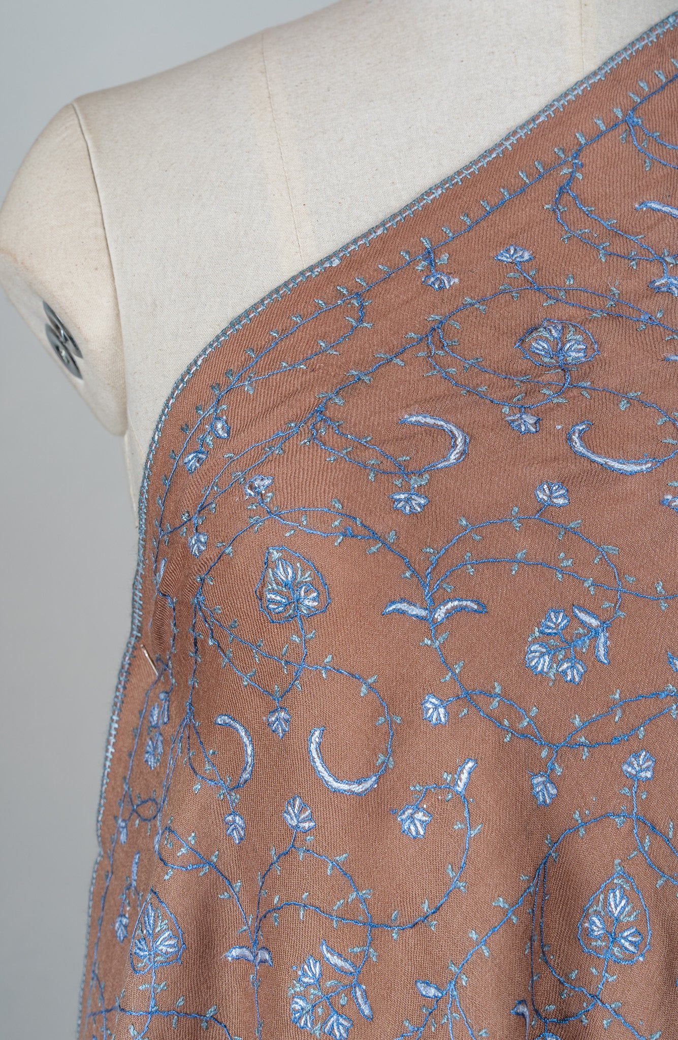 Misty Mocha Bloom Sozni Hand Embroidered Merino Wool Shawl