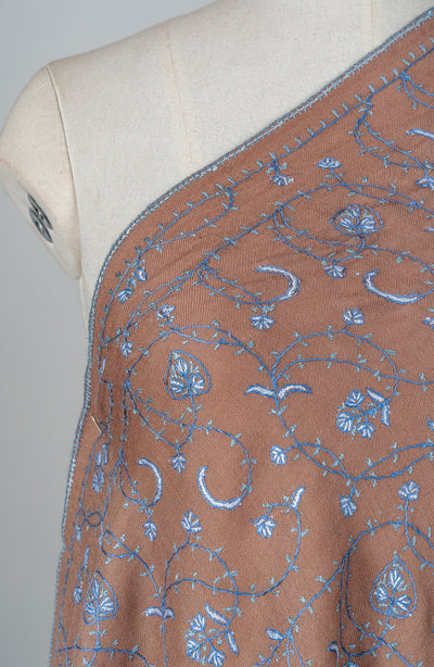 Misty Mocha Bloom Sozni Hand Embroidered Merino Wool Shawl