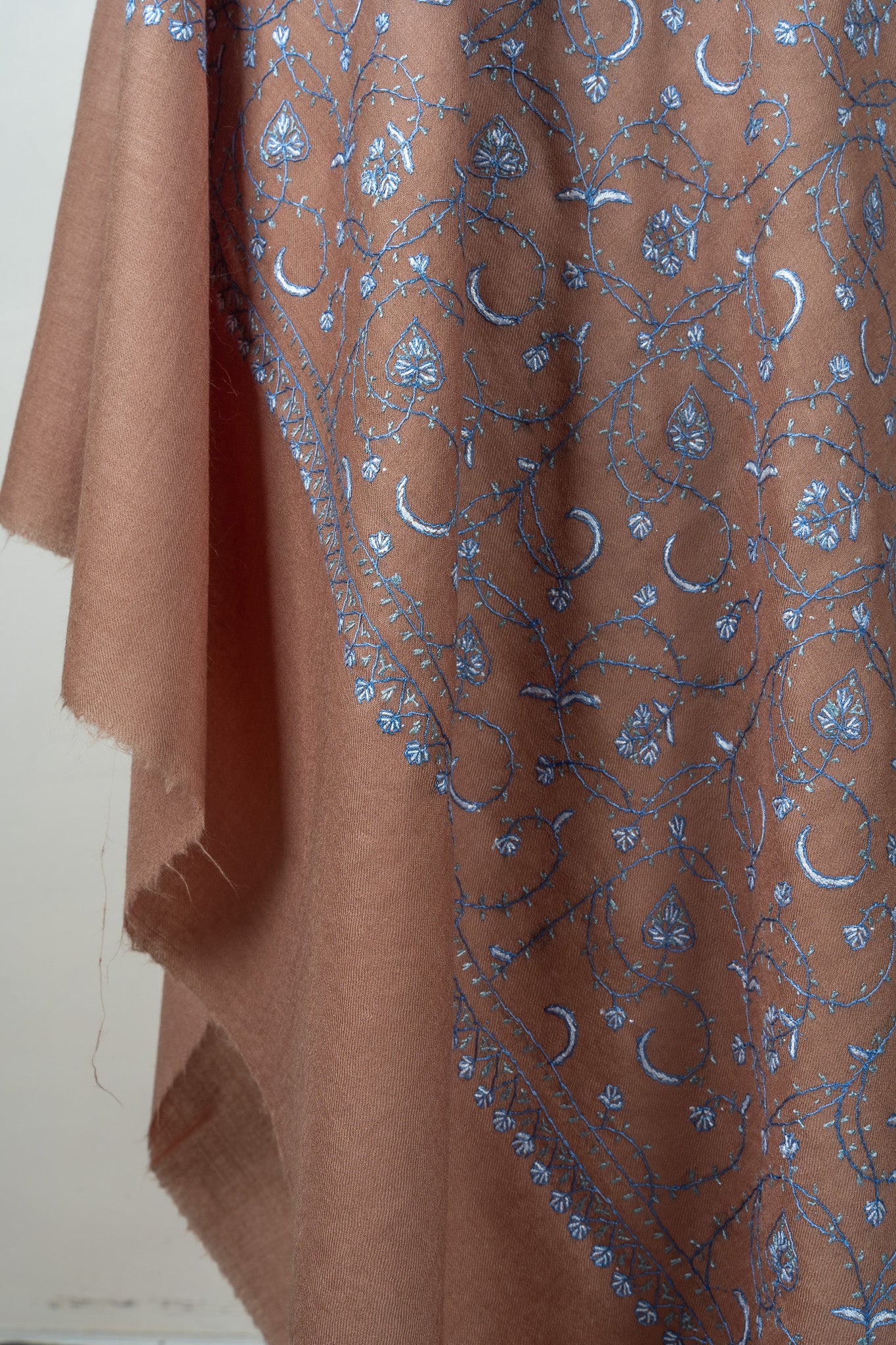 Misty Mocha Bloom Sozni Hand Embroidered Merino Wool Shawl
