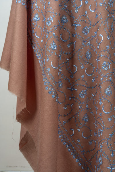 Misty Mocha Bloom Sozni Hand Embroidered Merino Wool Shawl