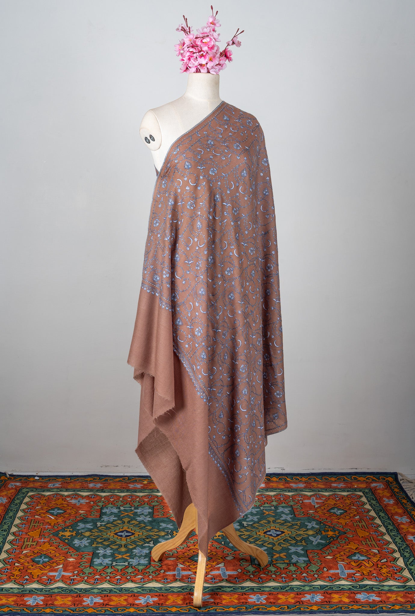 Misty Mocha Bloom Sozni Hand Embroidered Merino Wool Shawl