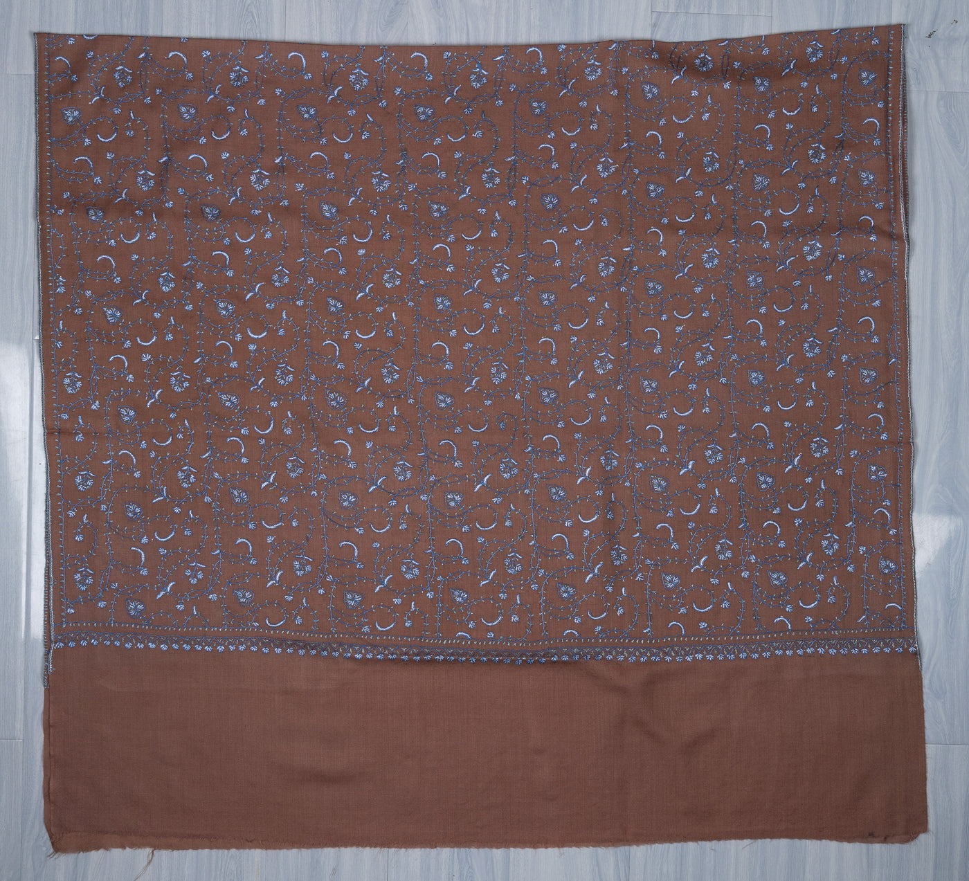 Misty Mocha Bloom Sozni Hand Embroidered Merino Wool Shawl