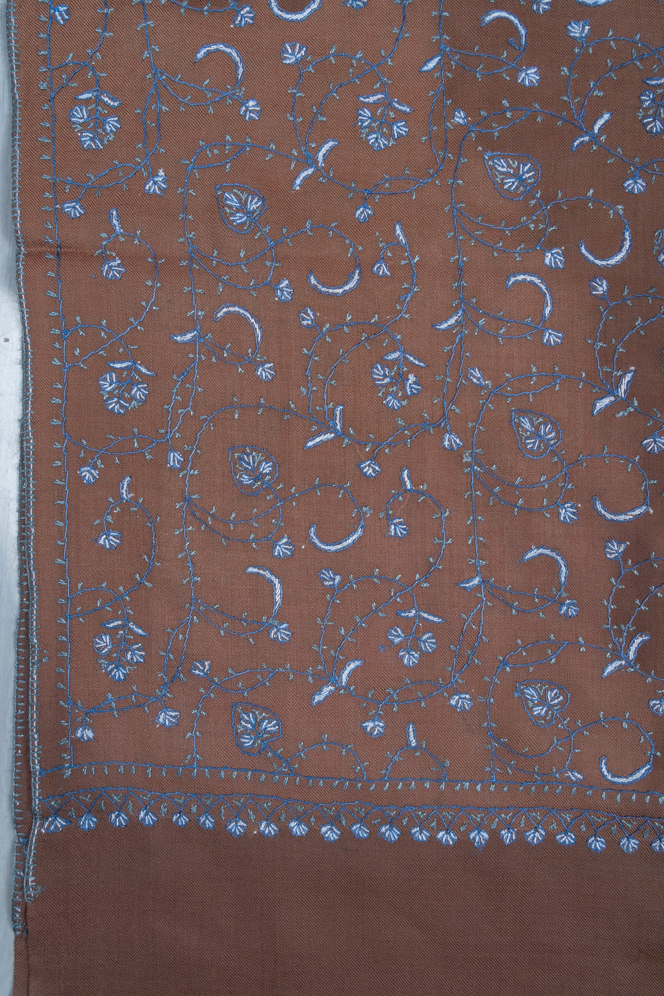 Misty Mocha Bloom Sozni Hand Embroidered Merino Wool Shawl