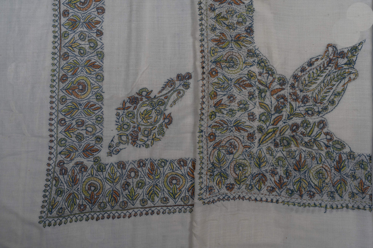 Two pale Merino wool rumal corners comparing a separate Sozni paisley with a larger leafy motif joined to the floral border.