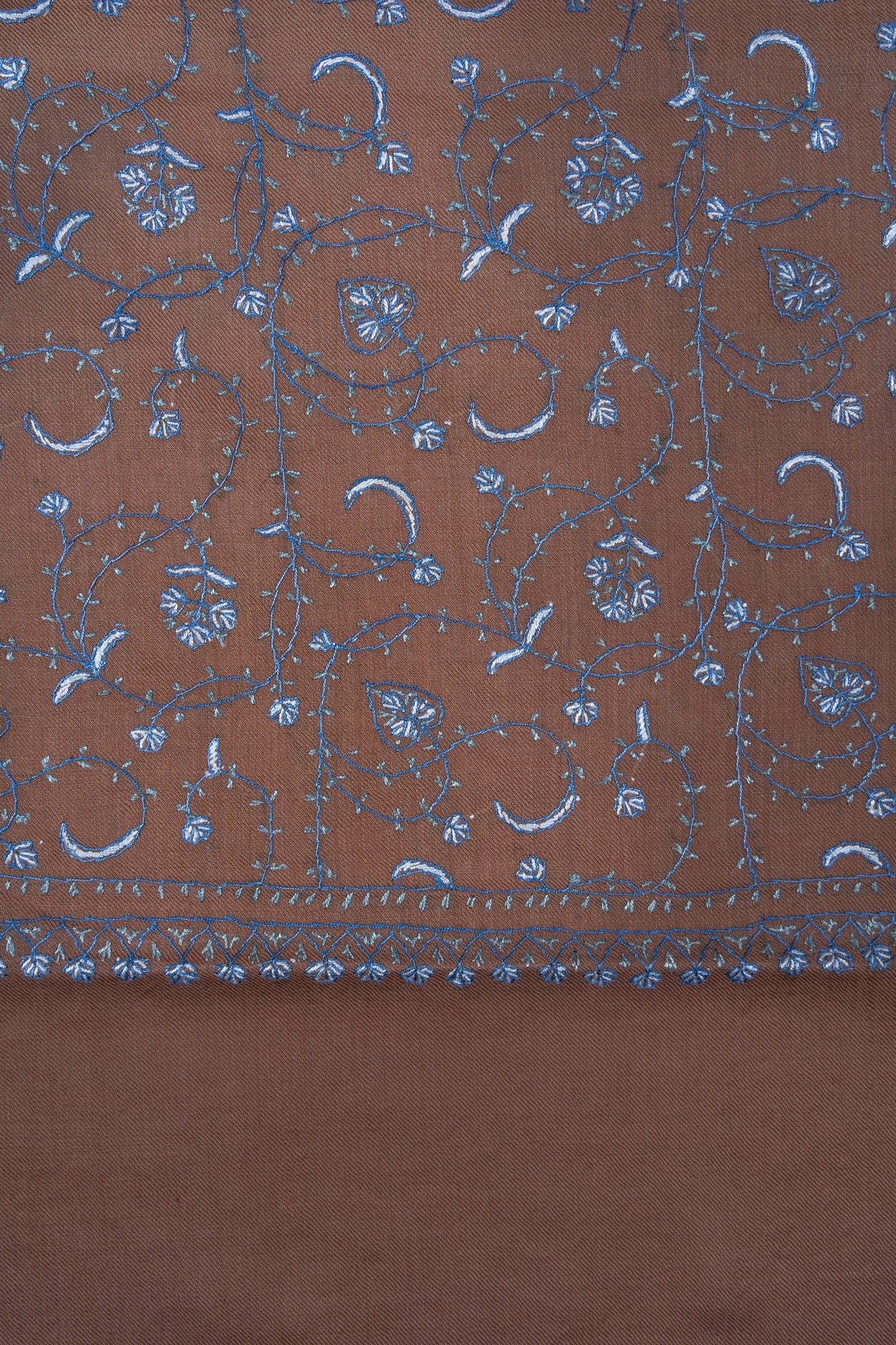 Misty Mocha Bloom Sozni Hand Embroidered Merino Wool Shawl