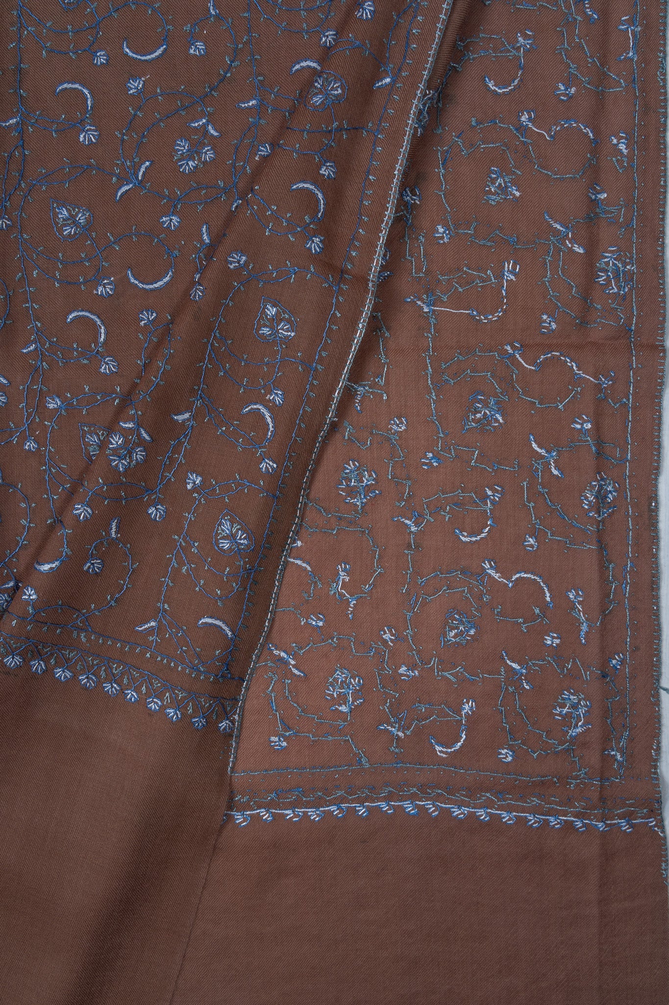 Misty Mocha Bloom Sozni Hand Embroidered Merino Wool Shawl