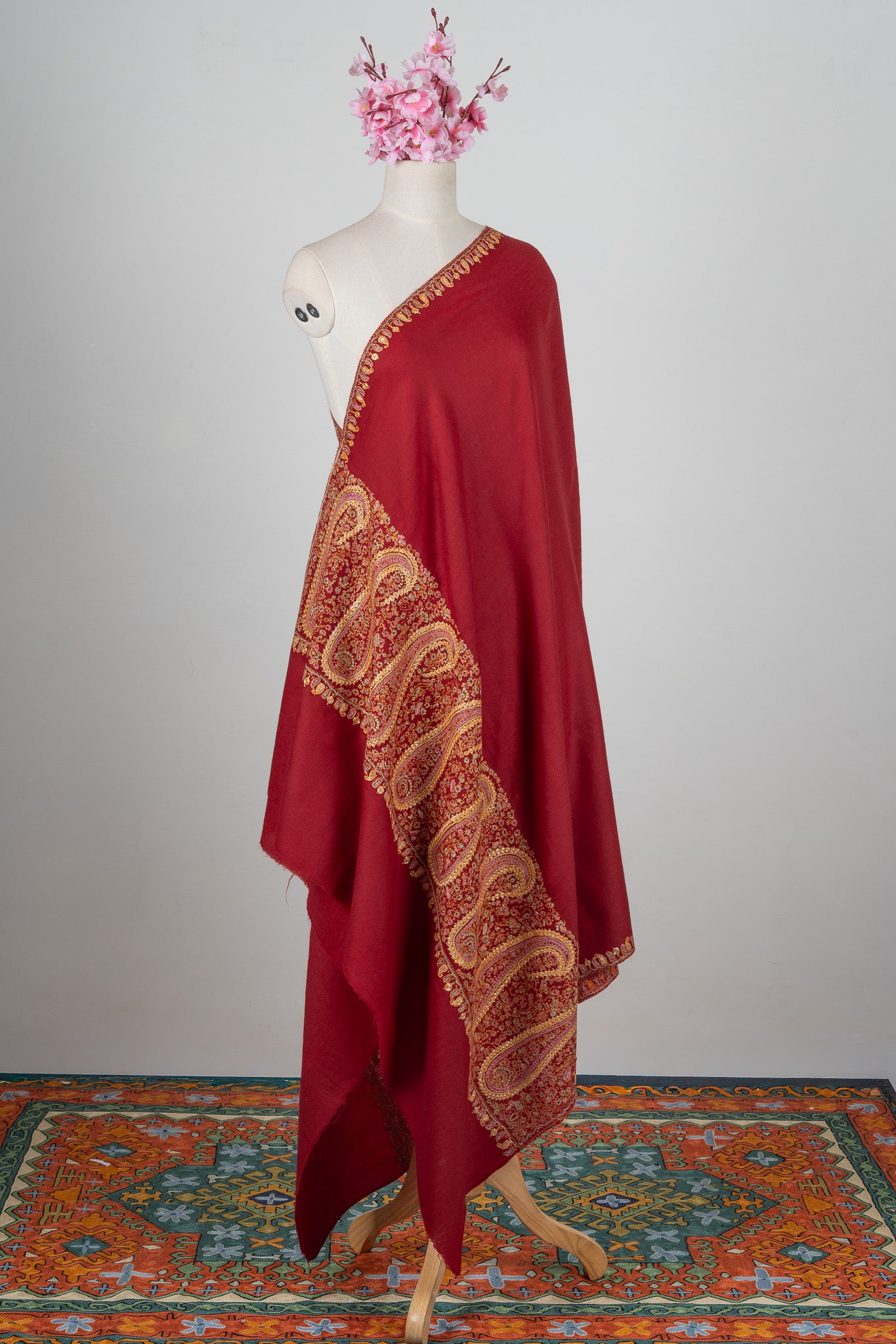 Crimson Legacy Sozni Hand Embroidered Merino Wool Shawl
